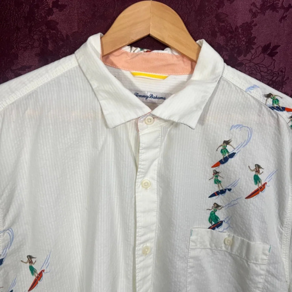 Tommy Bahama Surfer Girl Hula Girl White Button Up Shirt Hawaiian Shirt Size XL - Picture 3 of 8